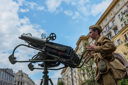 MOSCOW, RUSSIA - June 1-12, 2017: International festival "Times and epochs. The meeting". The portrait was reconstructed - Soviet soldier and anti-aircraft guns.のeditorial素材