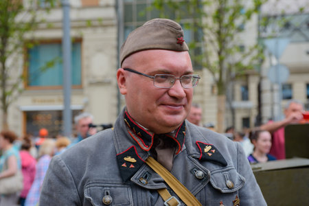 MOSCOW, RUSSIA - June 1-12, 2017: International festival "Times and epochs. The meeting". The portrait was reconstructed in the form of a Soviet tankerのeditorial素材