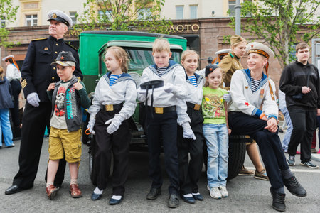 MOSCOW, RUSSIA - June 1-12, 2017: International festival "Times and epochs. The meeting". Cabin boy - a group of Patriotic children military naval uniformのeditorial素材
