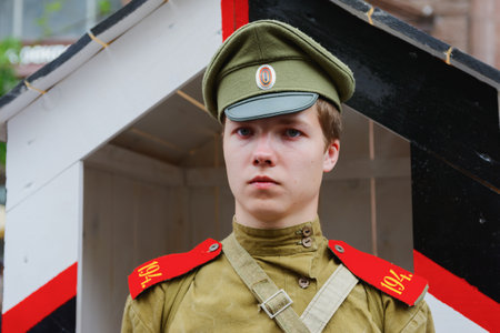 MOSCOW, RUSSIA - June 1-12, 2017: International festival "Times and epochs. The meeting". Russian soldiers infantry regiment of the first world war.のeditorial素材