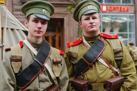 MOSCOW, RUSSIA - June 1-12, 2017: International festival "Times and epochs. The meeting". Russian soldiers of the first world war.のeditorial素材