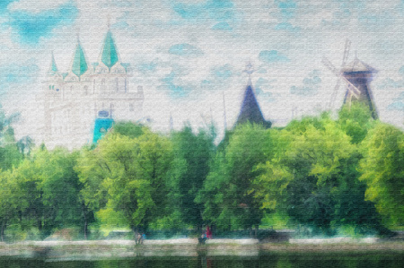 Old streets of Moscow for travel. The urban landscape- abstract brush strokes paint on canvas. Art technique of drawing. Digital processing of photos large formatの写真素材