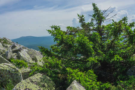 Mountain landscape- range, rocks, slopes of the Southern Ural. Alpine meadows in the national Park Taganay, Chelyabinsk.の写真素材
