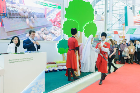 Moscow, Russia, Expocenter VDNH - OCTOBER 4-7, 2017: Russian agro-industrial exhibition "Golden autumn". Business stand Kabardino-Balkar Republic. Dance Lezgin entertainment of visitors to the showのeditorial素材