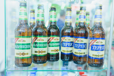 Moscow, Russia, Expocenter VDNH - OCTOBER 4-7, 2017: Russian agro-industrial exhibition "Golden autumn". Business stand Kabardino-Balkar Republic- beer in glass bottlesのeditorial素材