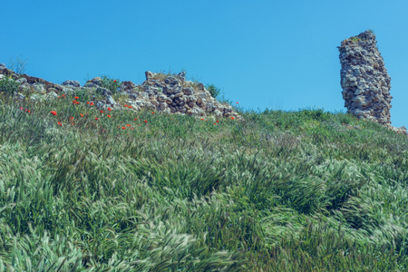 Landscape background- ruins of ancient buildings and facilities. Antiquity destroyed by time and the adverse environment- aged architectureの写真素材