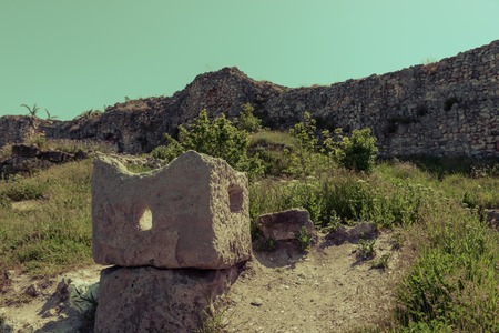 Old ruins of a brick- stone walls of the ancient city. National archaeological park.の写真素材