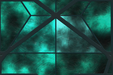 Creative window. Glossy tile- wall glass. Stained art- abstract pattern. Art decor- iron grate. Glazed surface- decoration architectureの写真素材