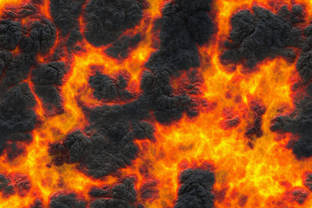 Seamless hot texture. Danger terrain heat- 3d illustration fluid metal. Burning coals- crack...