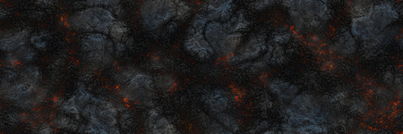 Ground hot coals. Danger heat terrain- 3d illustration smouldering eruption. Charcoal burning- crack surface. Abstract nature pattern- glow faded flame. Background texture- little sparkの写真素材