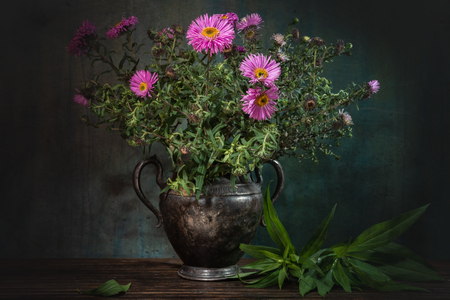 Still life decorative- flower beautiful bouquet. Wood background.の写真素材