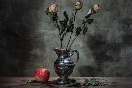 Still life decorative- flower beautiful bouquet. Wood background.の写真素材