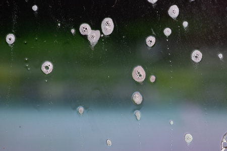 Background wet- raindrop realistic. Water splash shower- bad weather. Window- soap foam. Rainwater-...