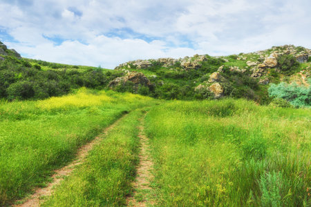 Crimea, Kerch. Landscape background- dirt road. Nature reserve - pedestrian walkの写真素材