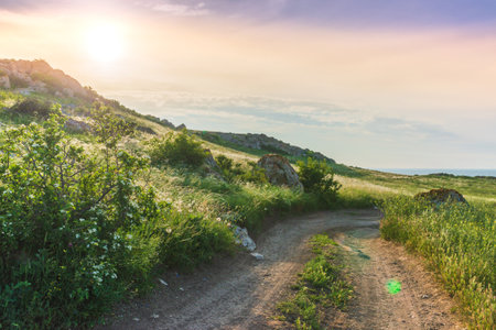 Crimea, Kerch. Landscape background- dirt road. Nature reserve - pedestrian walkの写真素材