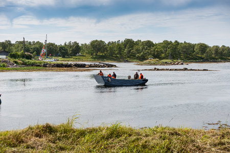 Arkhangelsk region, Russia - July 19: 80 years of the Solovetsky sea cadet school, 2019. Boat racing military personnel of the naval baseのeditorial素材