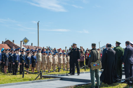 Arkhangelsk region, Russia - July 19: 80 years of the Solovetsky sea cadet school, 2019. Vice Admiral Moiseev, commander of the Northern fleet group of accompanying personsのeditorial素材