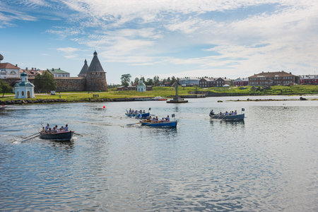 Arkhangelsk region, Russia - July 19: 80 years of the Solovetsky sea cadet school, 2019. Boat racing...