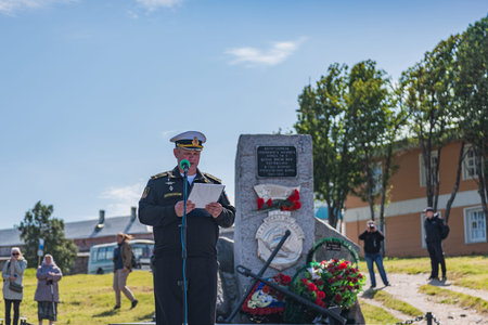 Arkhangelsk region, Russia - July 19: 80 years of the Solovetsky sea cadet school, 2019. The reading...