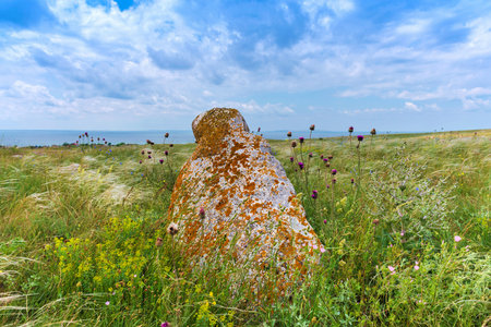 Ancient burial place. Sights of Crimea - lush vegetation, steppe zone in the spring. Landscape park-...