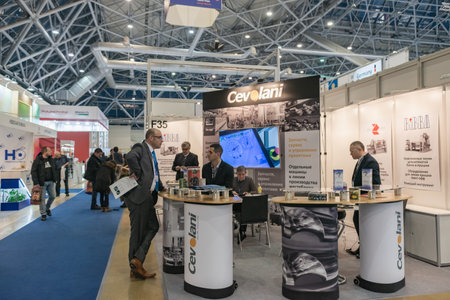 Moscow, Russia - January 29, 2019: International specialized exhibition of plastics and rubbers. Expo products manufacturing and recyclingのeditorial素材