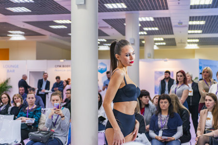 MOSCOW, RUSSIA - FEBRUARY 24-27: Fashion Trade Show 2020. 34th international exhibition of mens, womens, children clothing, underwear, wedding fashion and accessoriesのeditorial素材