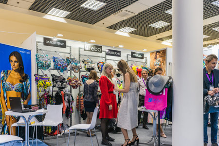 MOSCOW, RUSSIA - FEBRUARY 24-27: Fashion Trade Show 2020. 34th international exhibition of mens, womens, children clothing, underwear, wedding fashion and accessoriesのeditorial素材