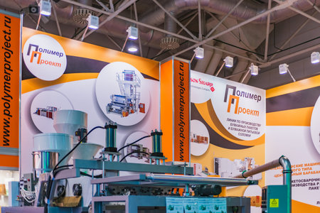 Moscow, Russia - January 28-31, 2020: International specialized exhibition of plastics and rubbers. Expo products manufacturing and recyclingのeditorial素材
