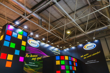 Moscow, Russia - January 28-31, 2020: International specialized exhibition of plastics and rubbers. Expo products manufacturing and recyclingのeditorial素材