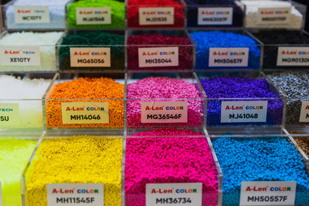 Moscow, Russia - January 28-31, 2020: International specialized exhibition of plastics and rubbers. Expo products manufacturing and recyclingのeditorial素材