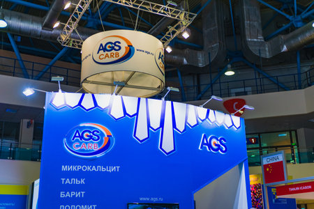 Moscow, Russia - January 28-31, 2020: International specialized exhibition of plastics and rubbers. Expo products manufacturing and recyclingのeditorial素材