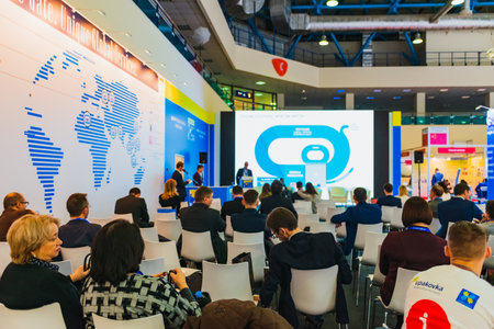 Moscow, Russia - January 28-31, 2020: International specialized exhibition of plastics and rubbers. Expo products manufacturing and recyclingのeditorial素材