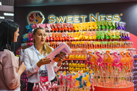 MOSCOW, RUSSIA - FEBRUARY 10-14: PRODEXPO 2020. 27th International Exhibition for Food, Beverages, display Raw Materials. Show stand business Sweet Nessのeditorial素材