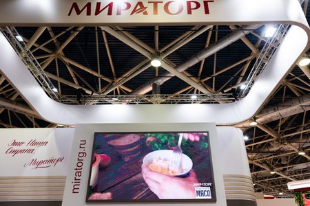 MOSCOW, RUSSIA - FEBRUARY 10-14: PRODEXPO 2020. 27th International Exhibition for Food, Beverages, display Raw Materials. Show stand businessのeditorial素材