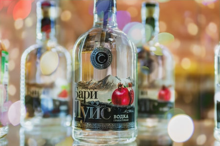 MOSCOW, RUSSIA - FEBRUARY 10-14: PRODEXPO 2020. International Exhibition Food. Show stand business- bar alcoholic drink. Cognac Armeniaのeditorial素材