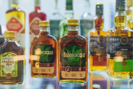 MOSCOW, RUSSIA - FEBRUARY 10-14: PRODEXPO 2020. International Exhibition Food. Show stand business- bar alcoholic drinkのeditorial素材