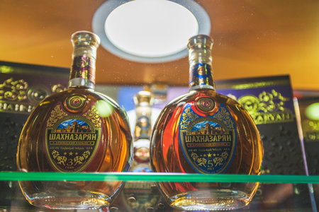 MOSCOW, RUSSIA - FEBRUARY 10-14: PRODEXPO 2020. International Exhibition Food. Show stand business- bar alcoholic drink. Cognac Armeniaのeditorial素材