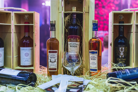 MOSCOW, RUSSIA - FEBRUARY 10-14: PRODEXPO 2020. International Exhibition Food. Show stand business- bar alcoholic drink. Cognac Armeniaのeditorial素材