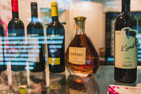 MOSCOW, RUSSIA - FEBRUARY 10-14: PRODEXPO 2020. International Exhibition Food. Show stand business- bar alcoholic drink. Cognac Armeniaのeditorial素材