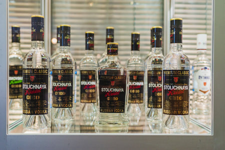 MOSCOW, RUSSIA - FEBRUARY 10-14: PRODEXPO 2020. International Exhibition Food. Show stand business- bar alcoholic drinkのeditorial素材