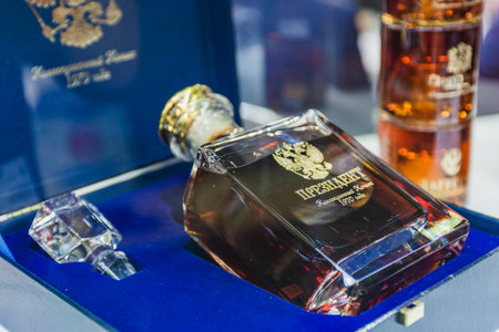 MOSCOW, RUSSIA - FEBRUARY 10-14: PRODEXPO 2020. International Exhibition Food. Show stand business- bar alcoholic drinkのeditorial素材