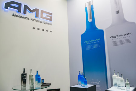 MOSCOW, RUSSIA - FEBRUARY 10-14: PRODEXPO 2020. International Exhibition Food. Show stand business- bar alcoholic drinkのeditorial素材