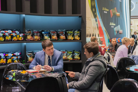 MOSCOW, RUSSIA - FEBRUARY 10-14: PRODEXPO 2020. International Exhibition Food. Show stand businessのeditorial素材