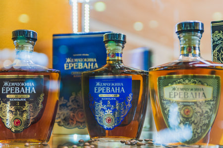 MOSCOW, RUSSIA - FEBRUARY 10-14: PRODEXPO 2020. International Exhibition Food. Show stand business- bar alcoholic drink. Cognac Armeniaのeditorial素材