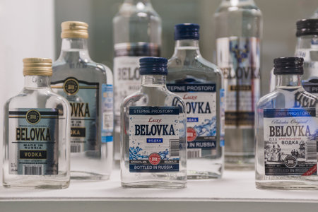 MOSCOW, RUSSIA - FEBRUARY 10-14: PRODEXPO 2020. International Exhibition Food. Show stand business- bar alcoholic drinkのeditorial素材