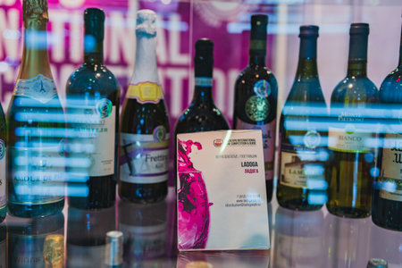 MOSCOW, RUSSIA - FEBRUARY 10-14: PRODEXPO 2020. International Exhibition Food. Show stand business- bar alcoholic drinkのeditorial素材