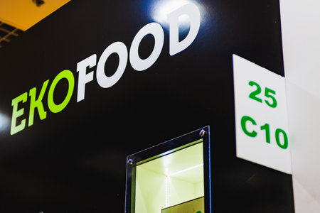 MOSCOW, RUSSIA - FEBRUARY 10-14: PRODEXPO 2020.27th International Exhibition for Food, Beverages, display Raw Materials. Show stand business Ekoのeditorial素材