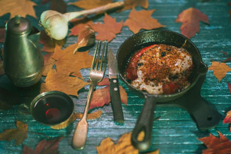 Blurry focus. Still life- rustic food. Bokeh celebration- top viewの写真素材