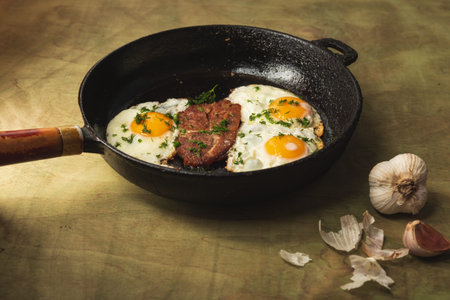 Still life - fried chicken eggs in a frying pan. Roast meat in a cast iron panの写真素材