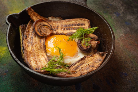 Still life- homemade food. Dark photo style- cooked scrambled eggsの写真素材